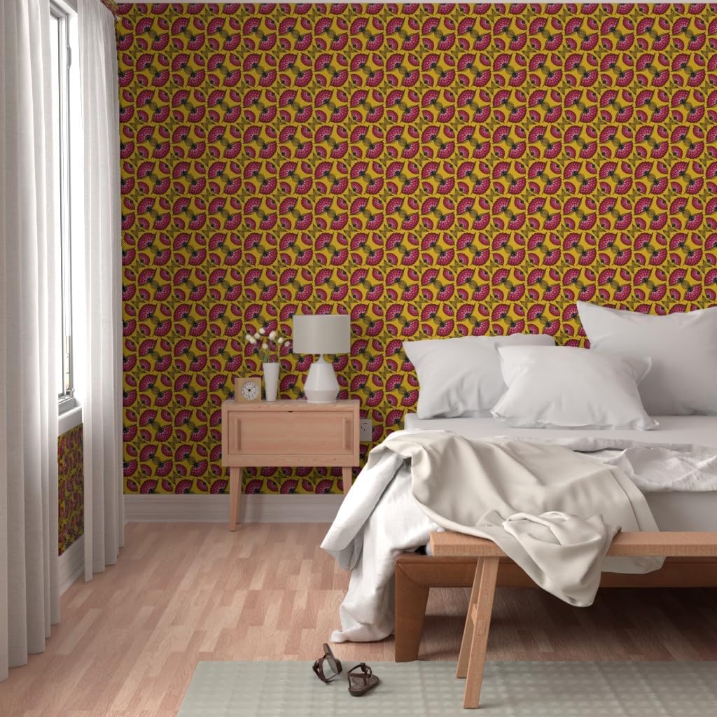Peel & Stick Wallpaper 3ft x 2ft - Africa Inspired Art Print Mustard Yellow Colourful Memphis Vibrant Pink Bold Floral Custom Removable Wallpaper by Spoonflower