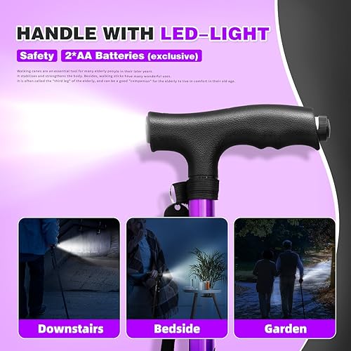 Miniatura 3 de BigAlex Bastón plegable con luz LED, base cuádruple giratoria, bastón ajustable con bolsa de transporte para hombres y mujeres