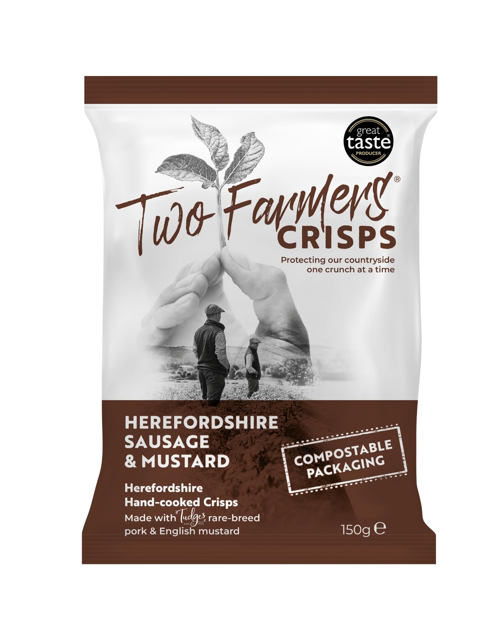 Two Farmers Crisps, Herefordshire Sausage & Mustard Hand Cooked Crisps, Gluten Free, 100% Compostable Bags, 12 x 150g