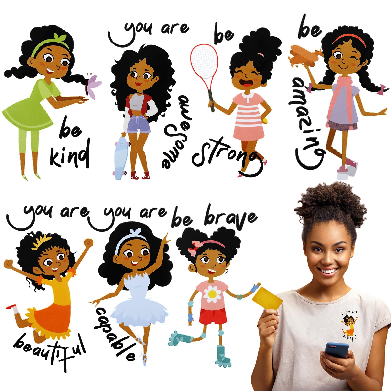 7 Pieces Black Girl Iron on Patches Washable Heat Transfer Decals Sticker Patches Transfer Paper for T Shirts Clothing Coat Jeans Backpacks(Cute Style