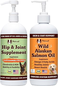 Natural Dog Company 32 oz. Bundle with Wild Alaskan Salmon Oil and Liquid Glucosamine for Dogs, Fish Oil Supplement, Joint and Hip Support