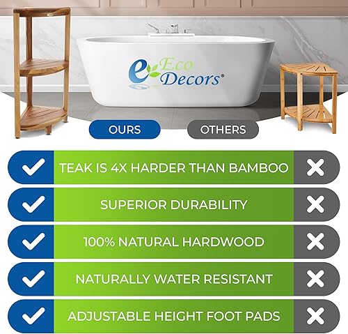 Miniatura 5 de EcoDecors Snazzy Corner Teak Shower Corner Shelf 33 Radius 18 Tall Natural Wood Corner Shower Seat Spa Bench with Shelf Corner Stool for Shower in