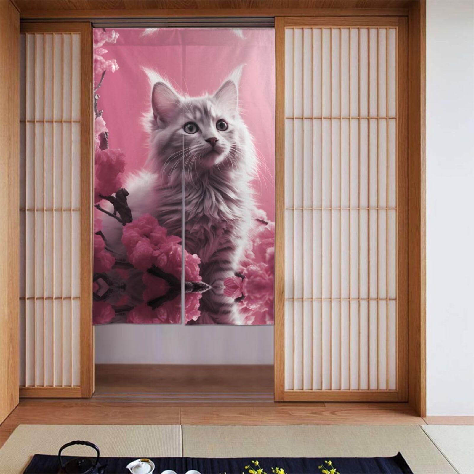 Cortina de 2 piezas rosa de 86x142 cm para marcos de puertas con diseño práctico de gato HYTTER