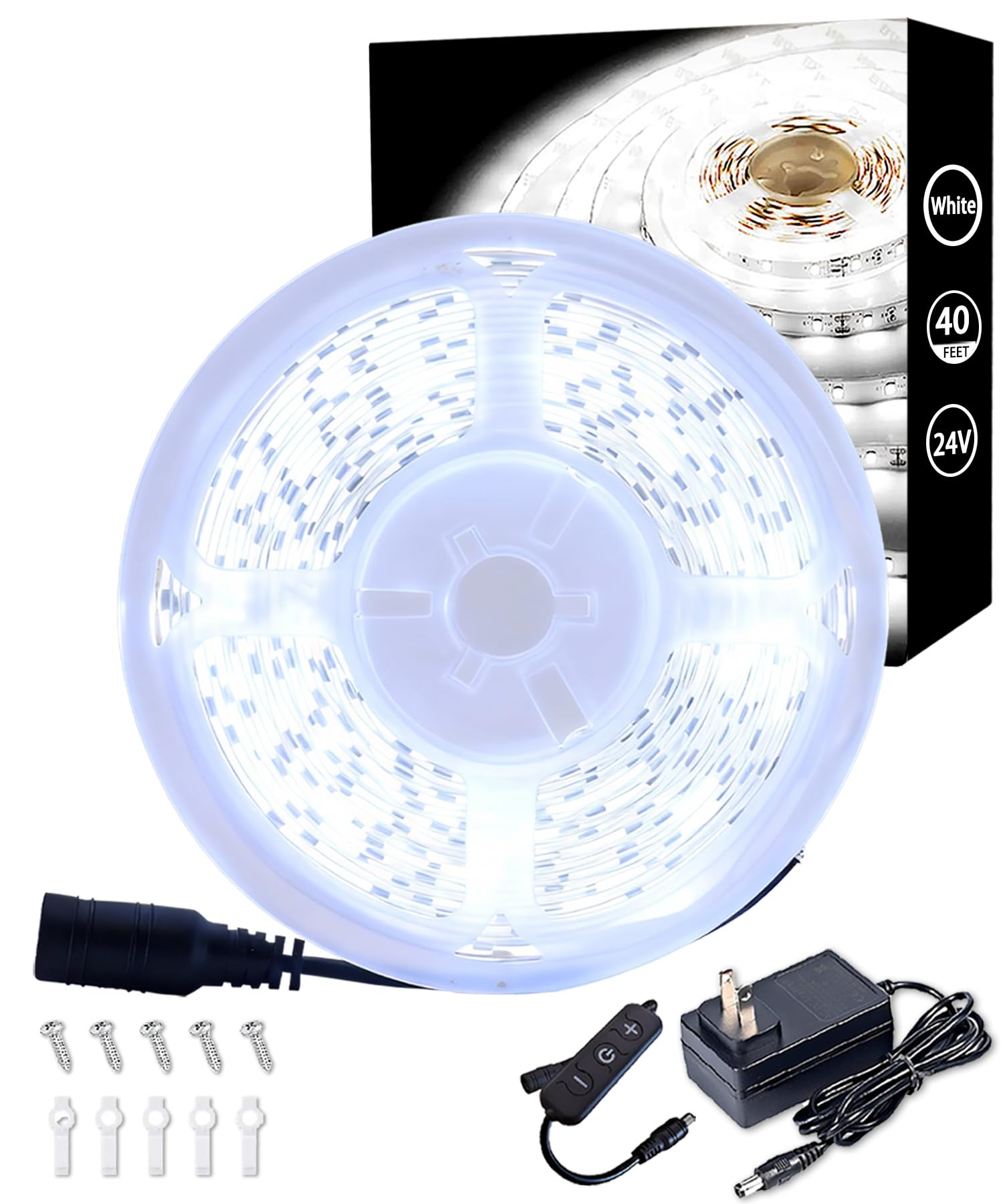 40 FT Led Strips Lights 24V Plugin Led Strip Lights Connectable Daylight White 6000k Lighting Indoor Rope Lights Flexible LED Light Strip for Holiday Home Housewarming Party Decor