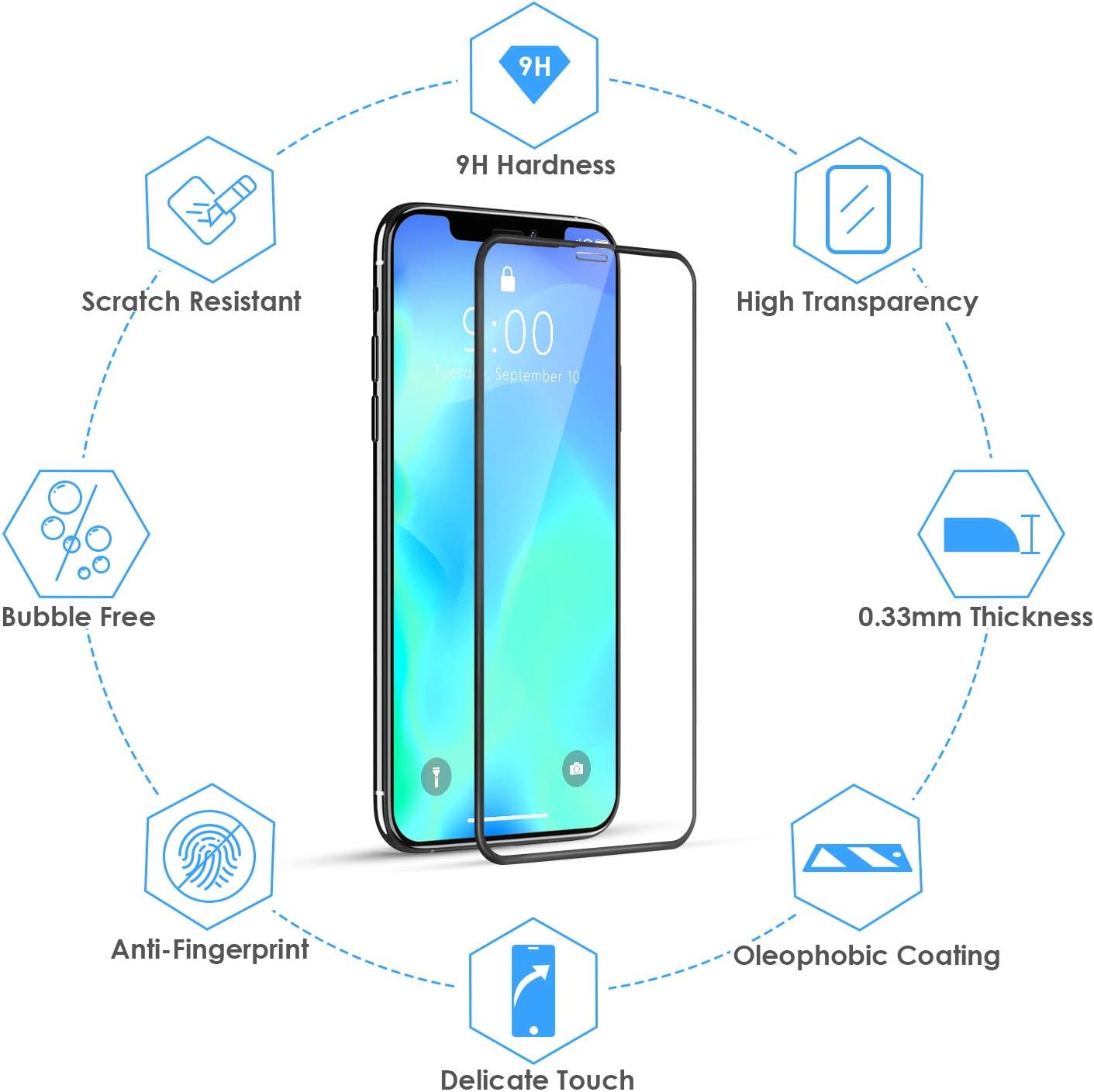 Bewahly tempered glass protective film for iPhone 11 Pro Max/XS Max [2 pce]3D full screen tempered glass film HD screen protector 9H glass film with positioning aid for iPhone 11 Pro Max 6.5"black