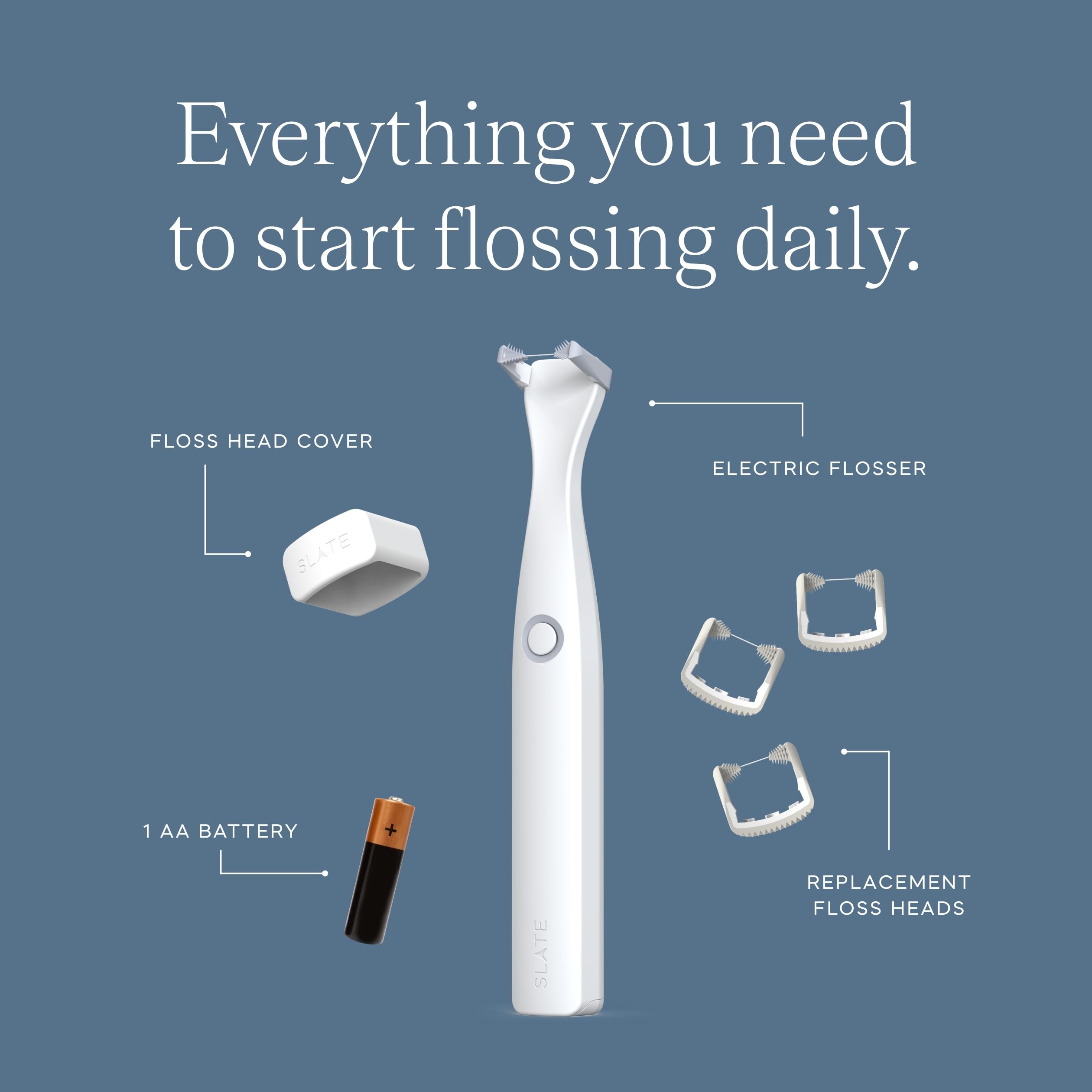 Slate Hilo dental eléctrico, 3 en 1 inventado por dentistas, funciona con pilas con cabezales de hilo reutilizables, cepillos de encías y raspador de lengua, 12.000 vibraciones sónicas, incluye