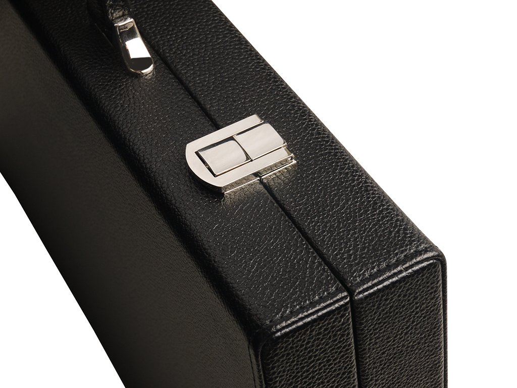 Silverman & Co. 40 cm Backgammon Reise Koffer für Erwachsene – schwarzes Kunstleder – faltbares Backgammon-Set mit grünem Spielfeld sowie schwarzen und weißen Spielpunkten – leicht & tragbar