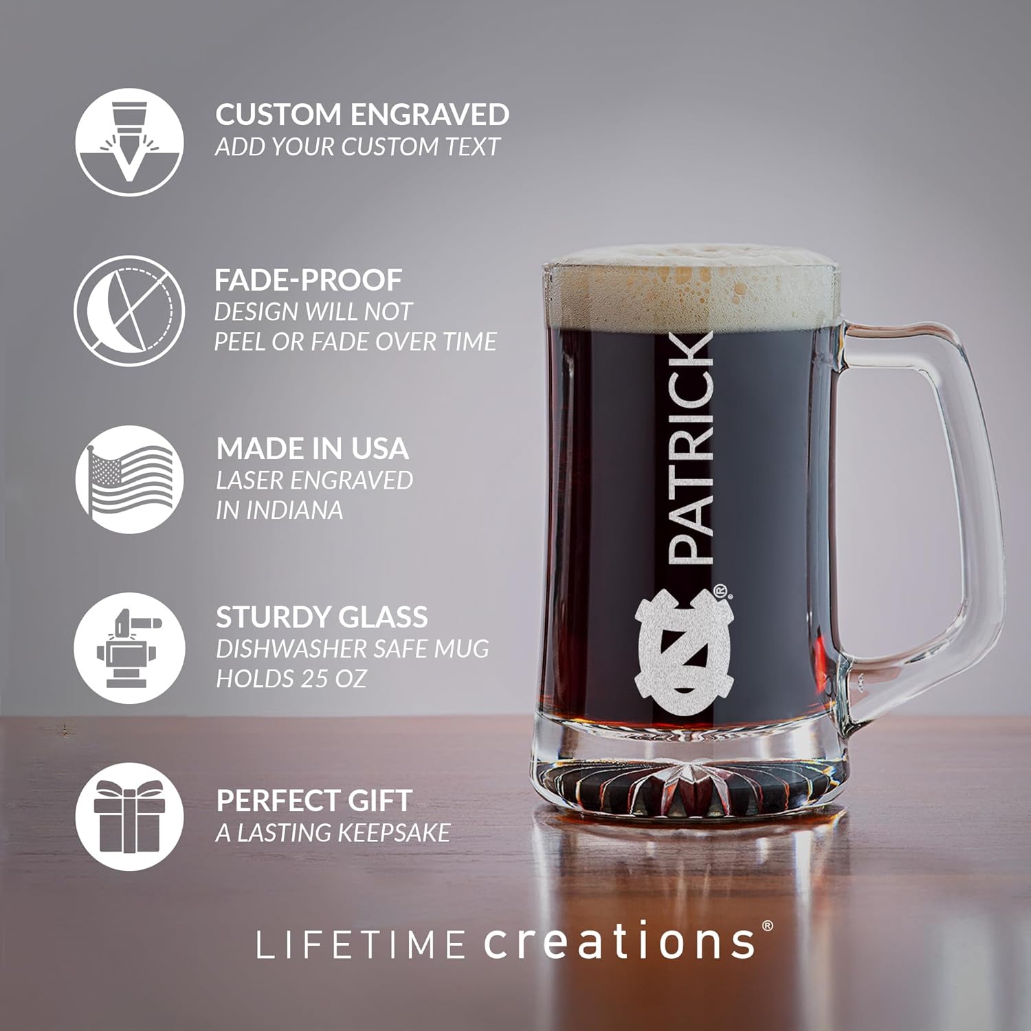 Lifetime Creations Personalized North Carolina Tar Heels 25 oz Beer Mug - Officially Licensed UNC Gifts, Tar Heels Merch, UNC Gifts for Men, UNC Basketball Fan Graduation Gift, Made in USA