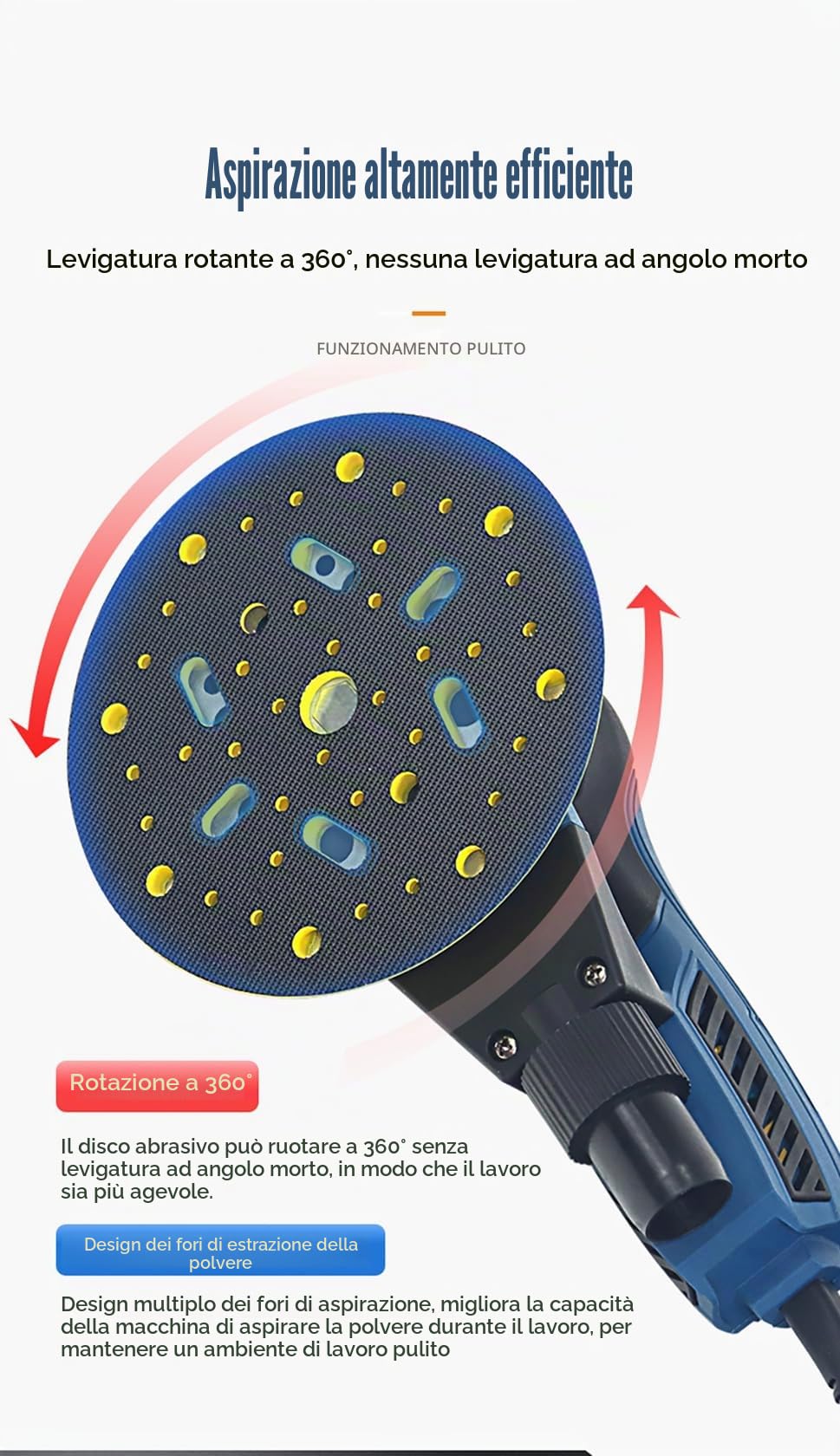 Levigatrice Orbitale Eccentrica Elettrica 150mm (360W, Ø5.0mm, 4000-10000 giri/min, 7 Velocità), Vibrazioni Ridotte Per Legno, Metallo e Carrozzeria