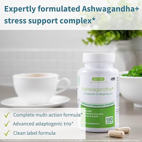 Miniatura 2 de Igennus - Complejo de Alivio del Estrés de Ashwagandha KSM-66 de Alta Potencia, L-Teanina y Magnesio y Extracto de Raíz Adaptógenos, Vitaminas B