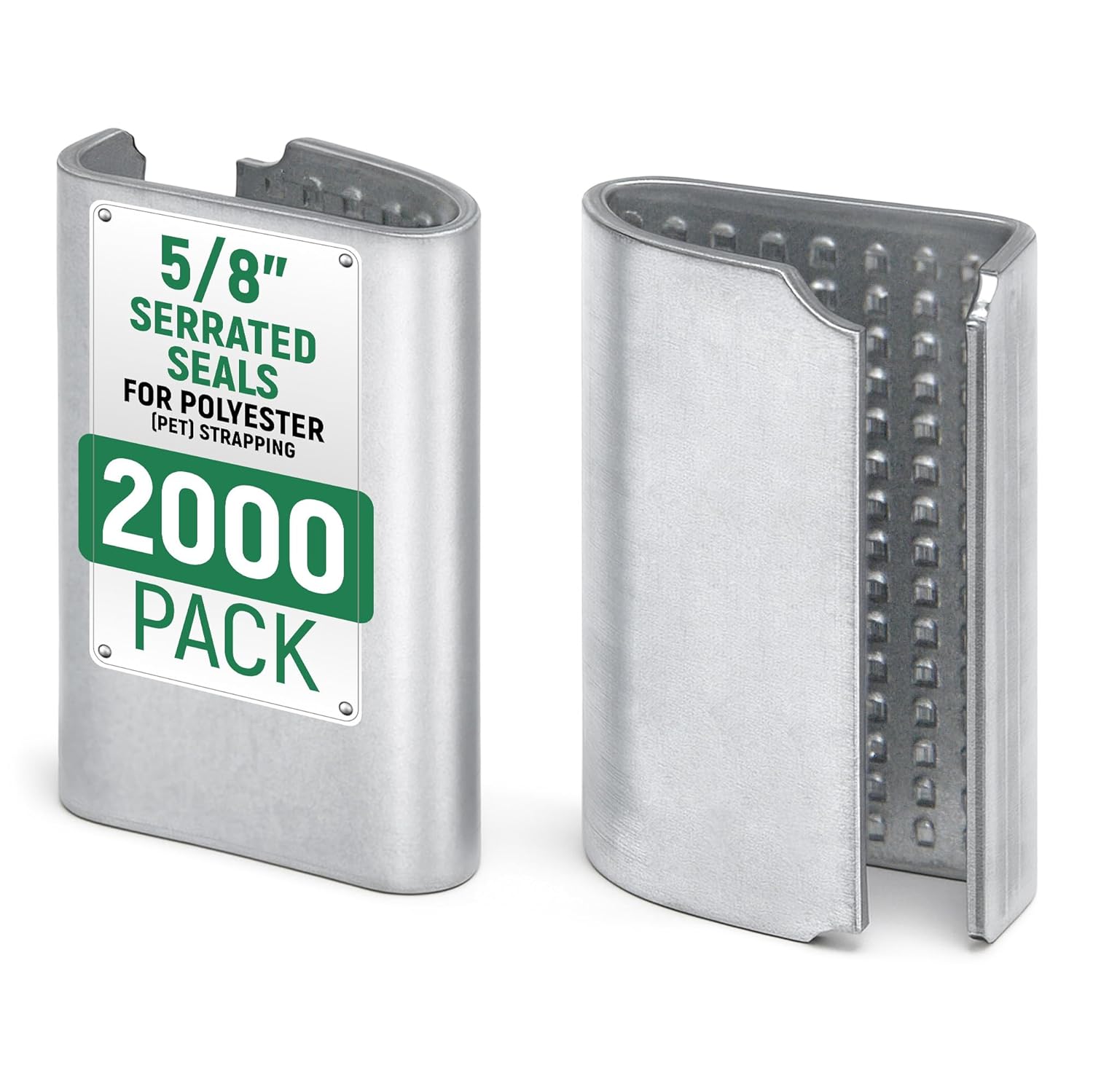 Open Serrated Seals for 5/8" PET Polyester Strapping, Pack of 2000 - Heavy-Duty Metal Clips for Pallet Banding, Secure Packaging and Shipping