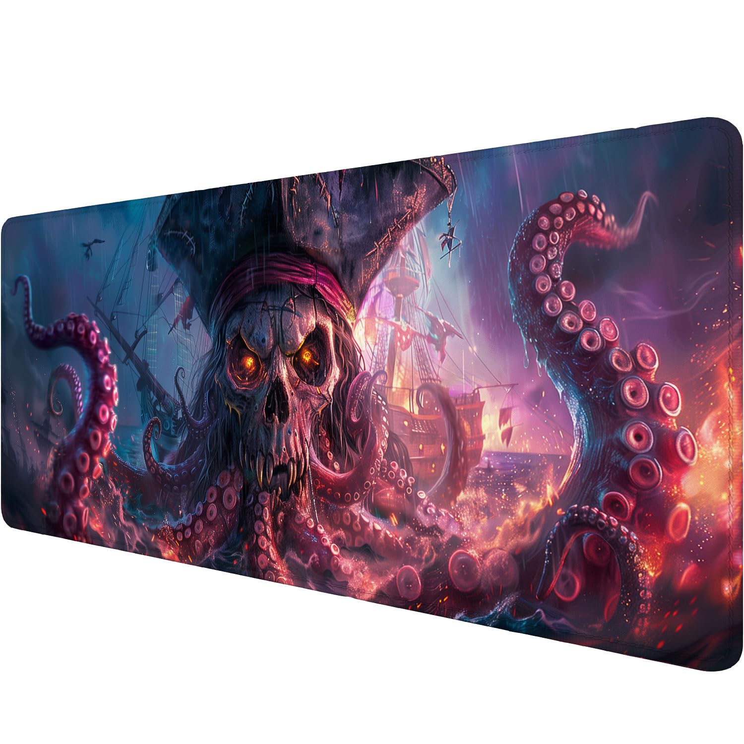 Octopus Pirate Skull Desk Mat Black Ship Large Gaming Mouse Mat with Stitched Edges,Non-Slip Waterproof Rubber Base Mous Mat 31.5"x11.8" Office