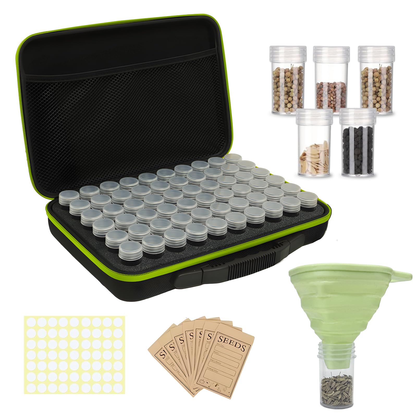 Organisateur 60Fentes pour Jardinage,Sac Zippé,Étiquettes,Entonnoirs,Pince à Épiler,Sachets Papier Rangement pour Petits Sachets de Plantation (Tomates, Fleurs,Herbes, Légumes),Anti-Lumière&Humidité