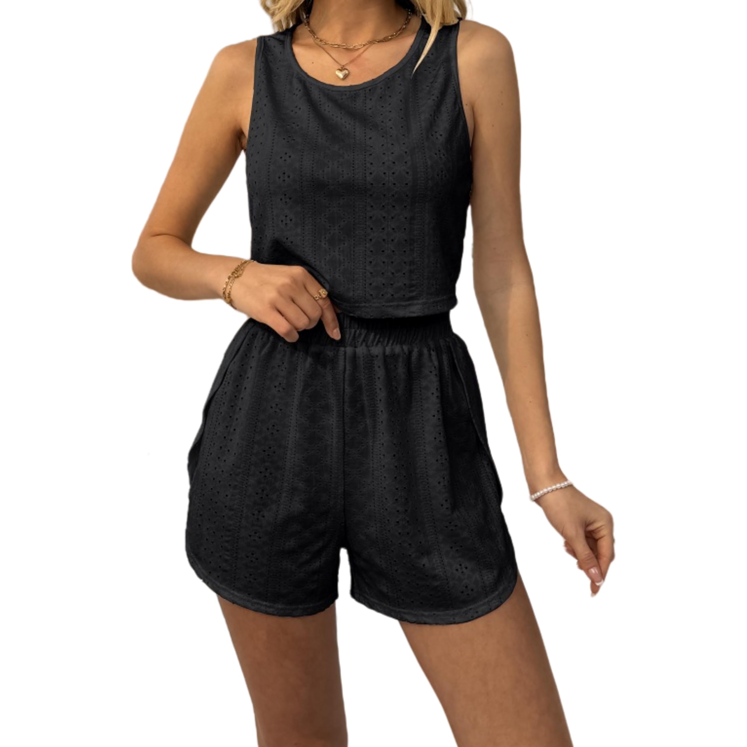 MGGMOKAY Women's Cover Ups Modest Sleeveless Knitted Mesh Cover-Up Set Breathable Beach Swimsuit Coverup Outfit,Black,L