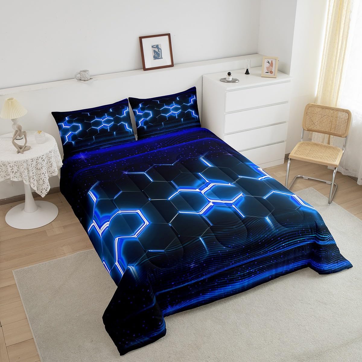 Honeycomb Comforter Set Queen Size, Ombre Theme Bedding Sets Boys Teen Blue Glitter Comforter Geometric Abstract Modern Quilt Set with 2 Pillow Cases