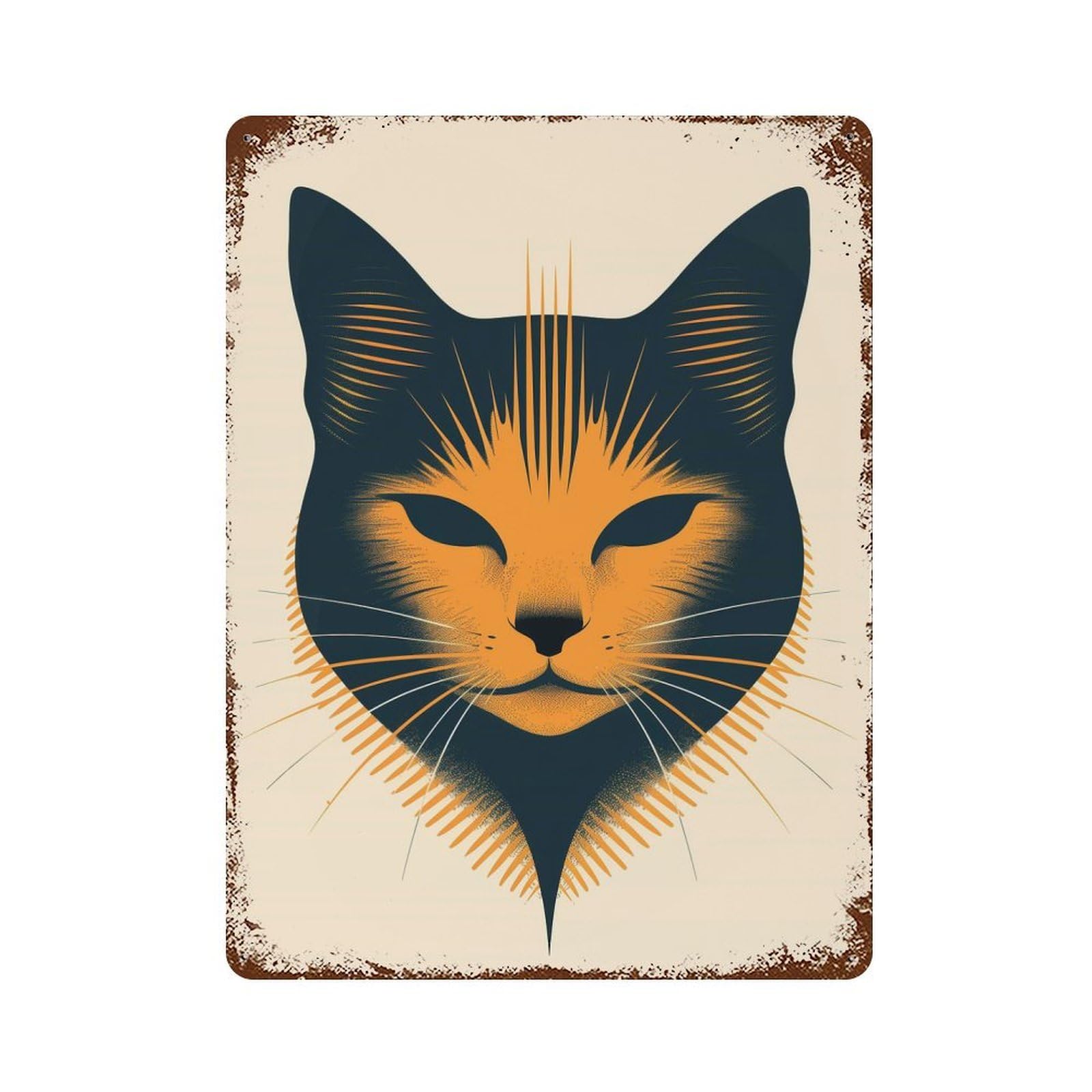 Abstract Cat Vector Portrait in Bold Orange Tones Rust Effect Tin Sign 15.7"x11.8", Ideal for Shed, Workshop And Garage Wall Decor