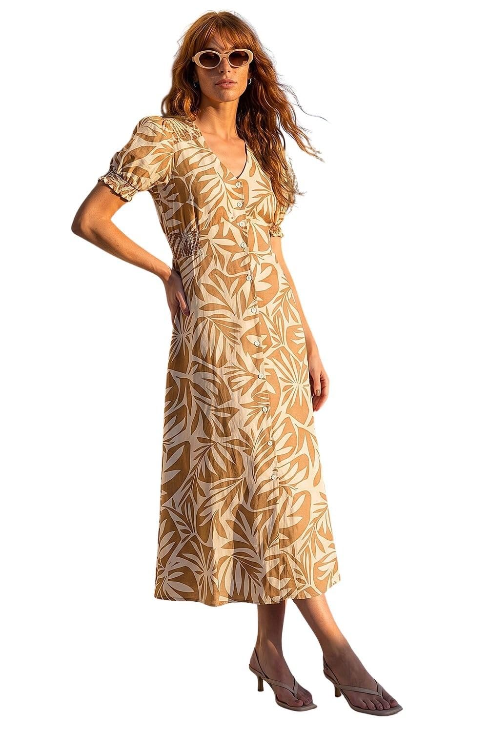 Roman Originals Women's Abstract Camel Swing Tea Dress Uk Skater Midi A Line Fit & Flare Summer Casual Smart Cocktail Party Going Out Work Cruise Button Through Long Pocket