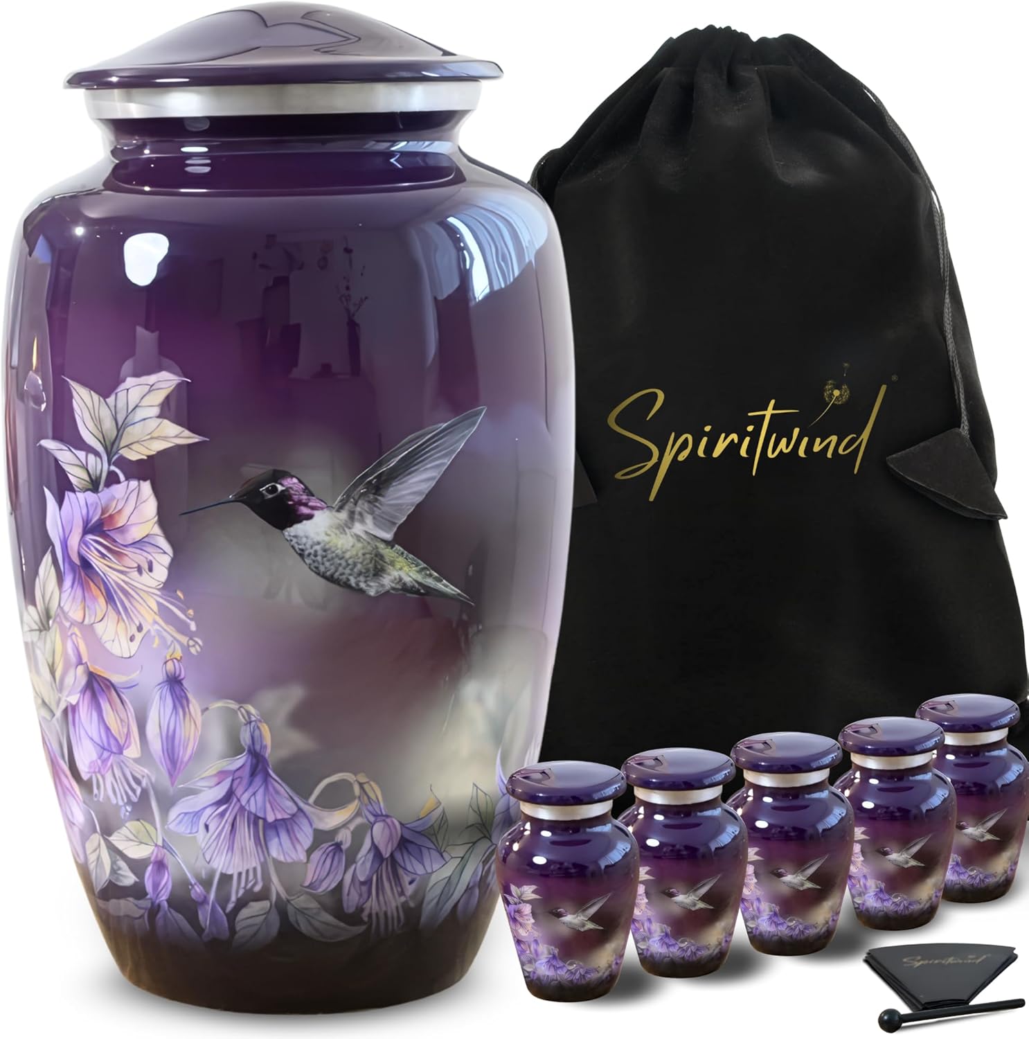 Set of 6 Beautiful Anna's Hummingbird Urns for Human Ashes Adult Female - 1 Large Purple Urn for Ashes for Women with 5 Keepsake Hummingbird Urns - Beautifully Packaged with 5 Funnels & 6 Velvet Bags
