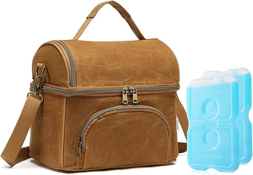 Lonchera para hombres con 2 bolsas de hielo XL, bolsa de almuerzo de lona encerada resistente para hombres, bolsa enfriadora suave para adultos para