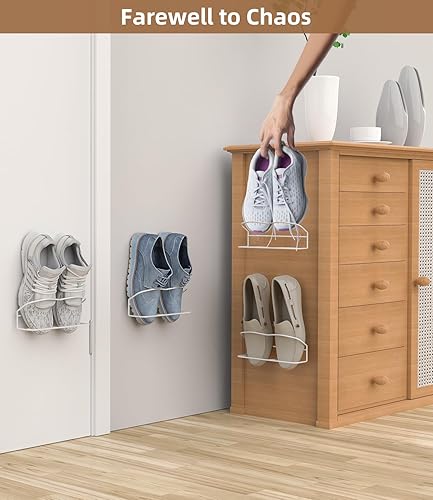 Miniatura 2 de Zapatero montado en la pared, paquete de 6 unidades, con tiras adhesivas para colgar, almacenamiento de zapatos de pared de metal, organizador de