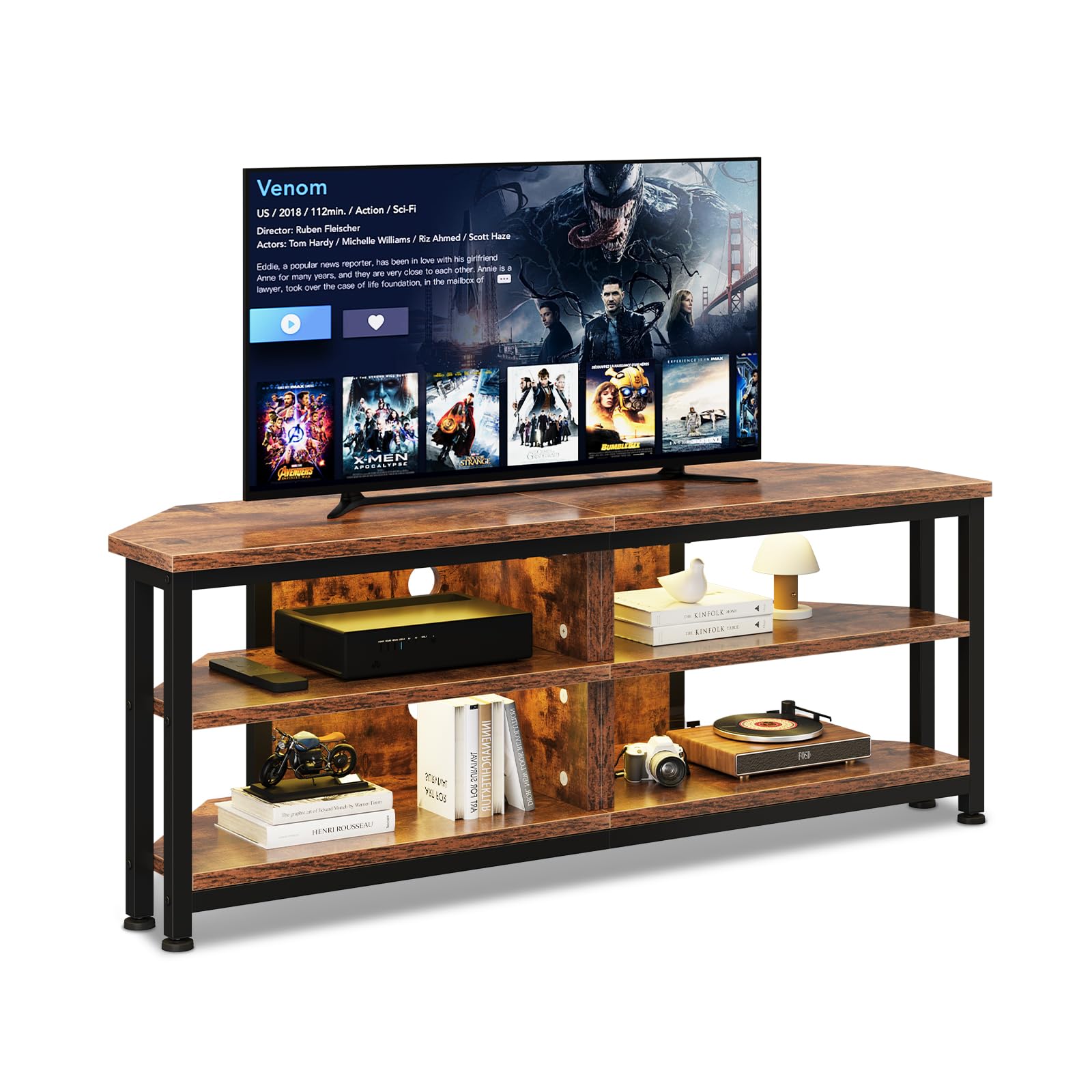 TV Stand Cabinet with LED Lighting, Corner Cabinet TV Unit for up to 55 Inch TV with Open Gaming Entertainment Center Shelves Vintage Industrial TV Standchest (120x36x45.5 CM)