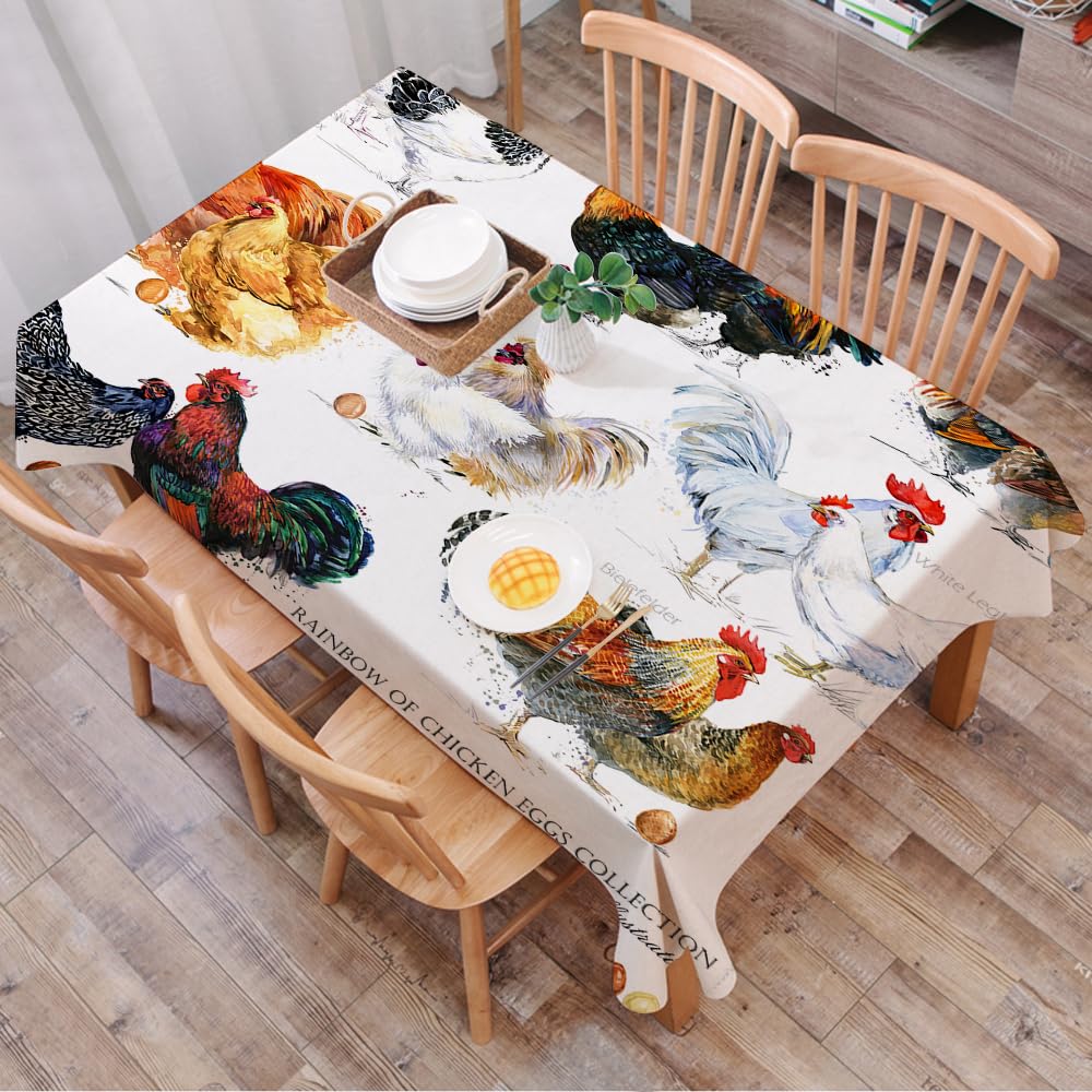 DALEXHM Table Cloth Wipe Clean Rectangular, wipeable tablecloths,Dining Table Cover for Kitchen Outdoor Garden Table,domestic farm birds hand drawn watercolor illustration. Hen. Rooster.,54x72 in