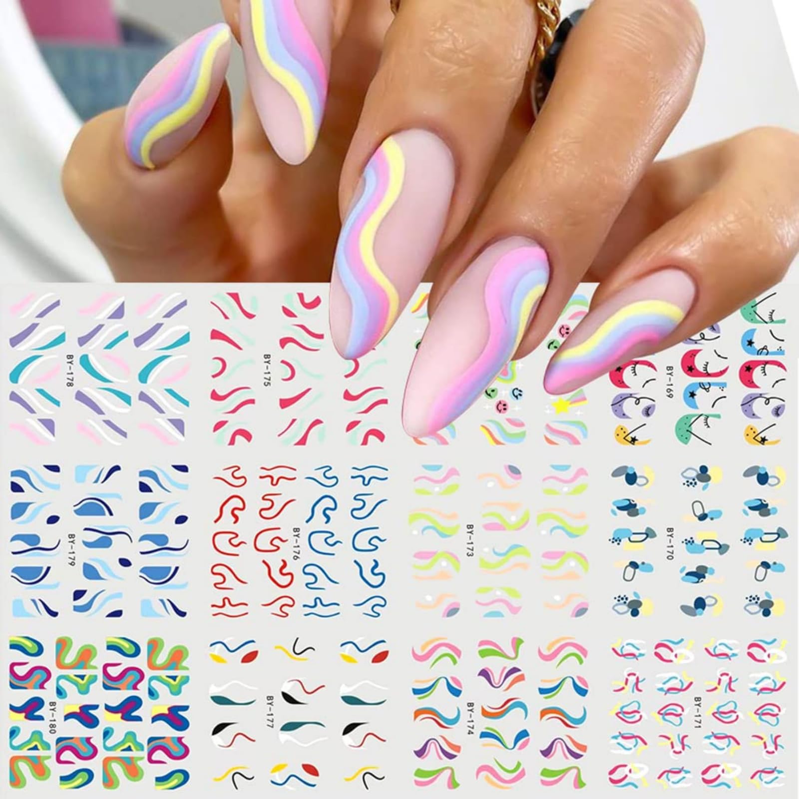 Colorful Geometric Nail Art Stickers 12 Sheets Water Transfer Nail Decals Rainbow Swirls Nail Stickers French Abstract Irregular Designs Nail Accessories Supplies for Women Acrylic Nail Decoration
