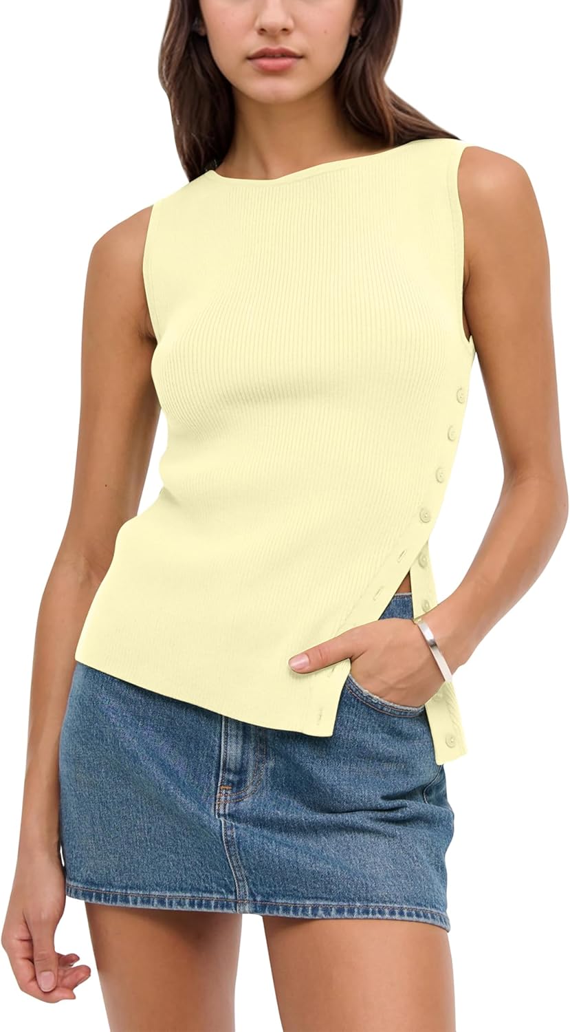 Women Asymmetrical Button Sweater Vest Sleeveless Side Split Rib Knit Slim Fit Sweater Tank Top Summer Pullover Top