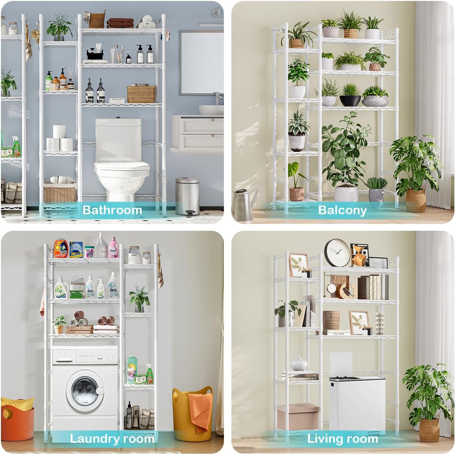 WC-Regal mit verstellbaren Regalen, Badezimmer-Regal über der Toilette, freistehend, über WC-Organizer, Metallregal für Waschküche, Badezimmer, Weiß, 80 cm T x 24 cm B x 160 cm