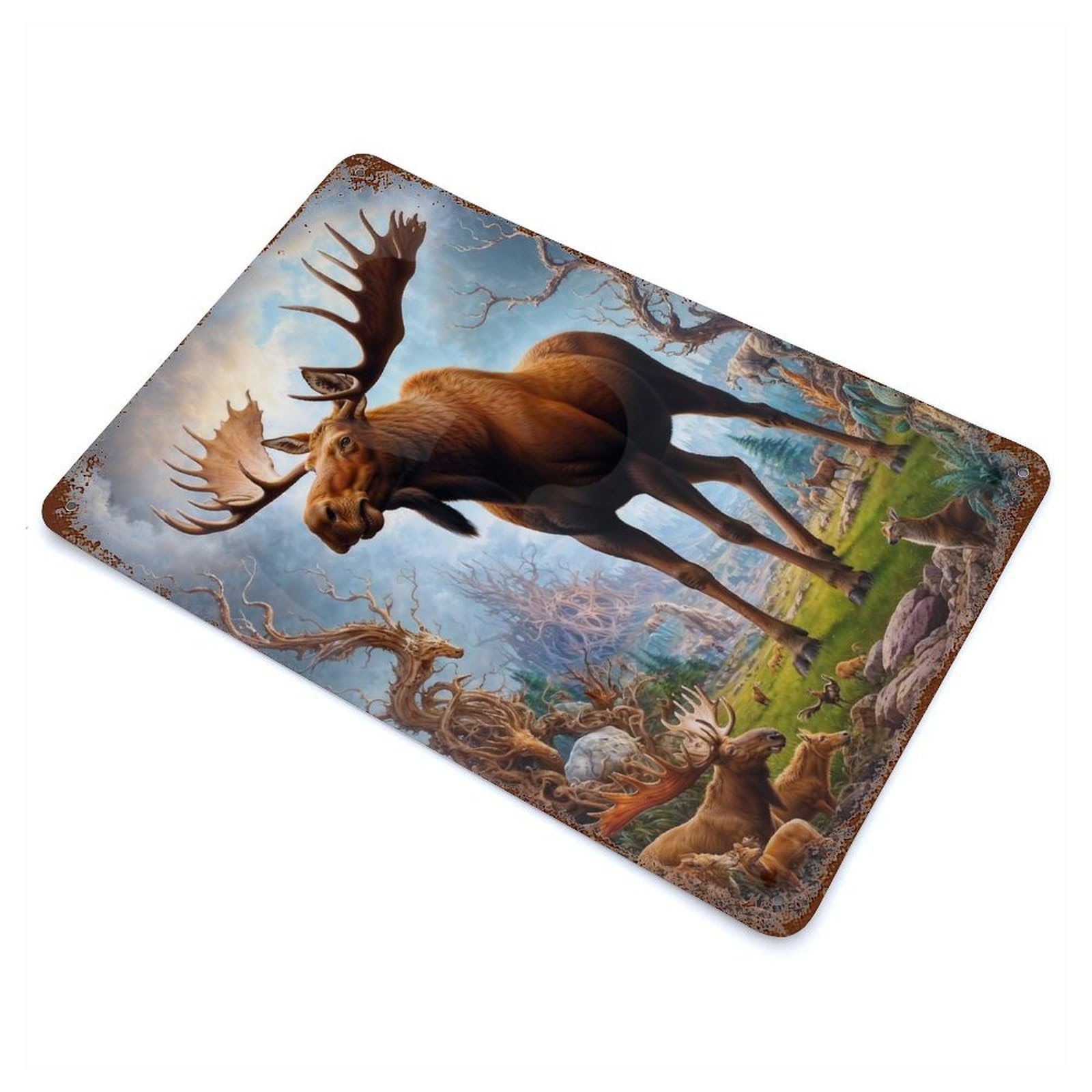 Rustic Tin Plaque Magical Moose Safari 11.8"x7.9", Rustic Home Decor for Office, Studio And Wall Decor