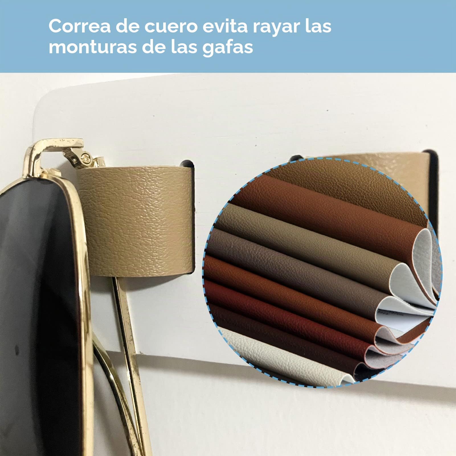 Organizador Gafas De Sol - Soporte Gafas madera 9 ganchos Expositor Gafas Pared,Porta Gafas, material de cuero PU, Decoración del hogar, (Blanco-1pcs-long)