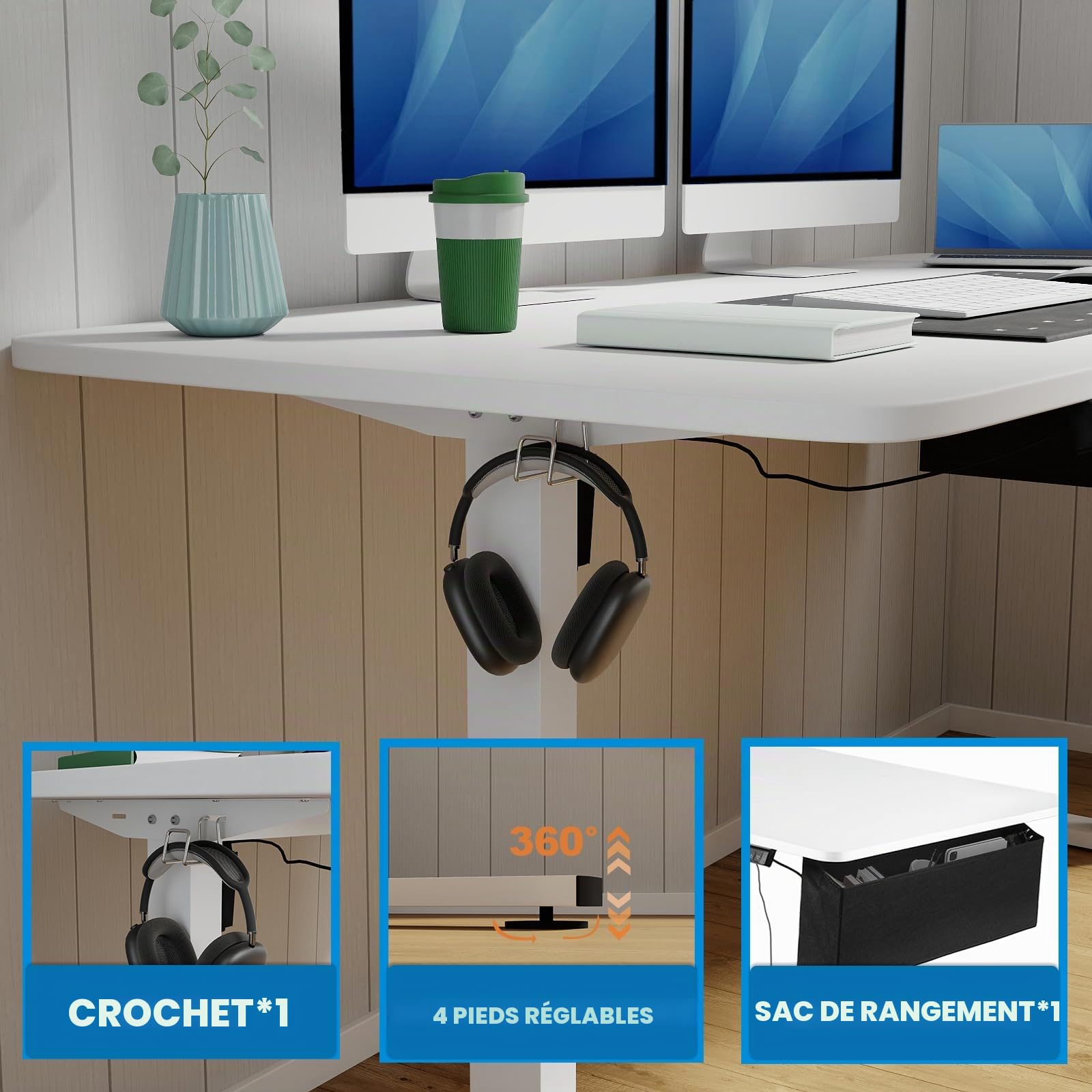 Bureau Électrique Réglable en Hauteur, 160 x 80cm, Bureau Assis Debout avec Mémoire Contrôle et Port USB, Bureau Ergonomique, Panneau Intelligent, avec Crochet et Sac de Rangement, Blanc