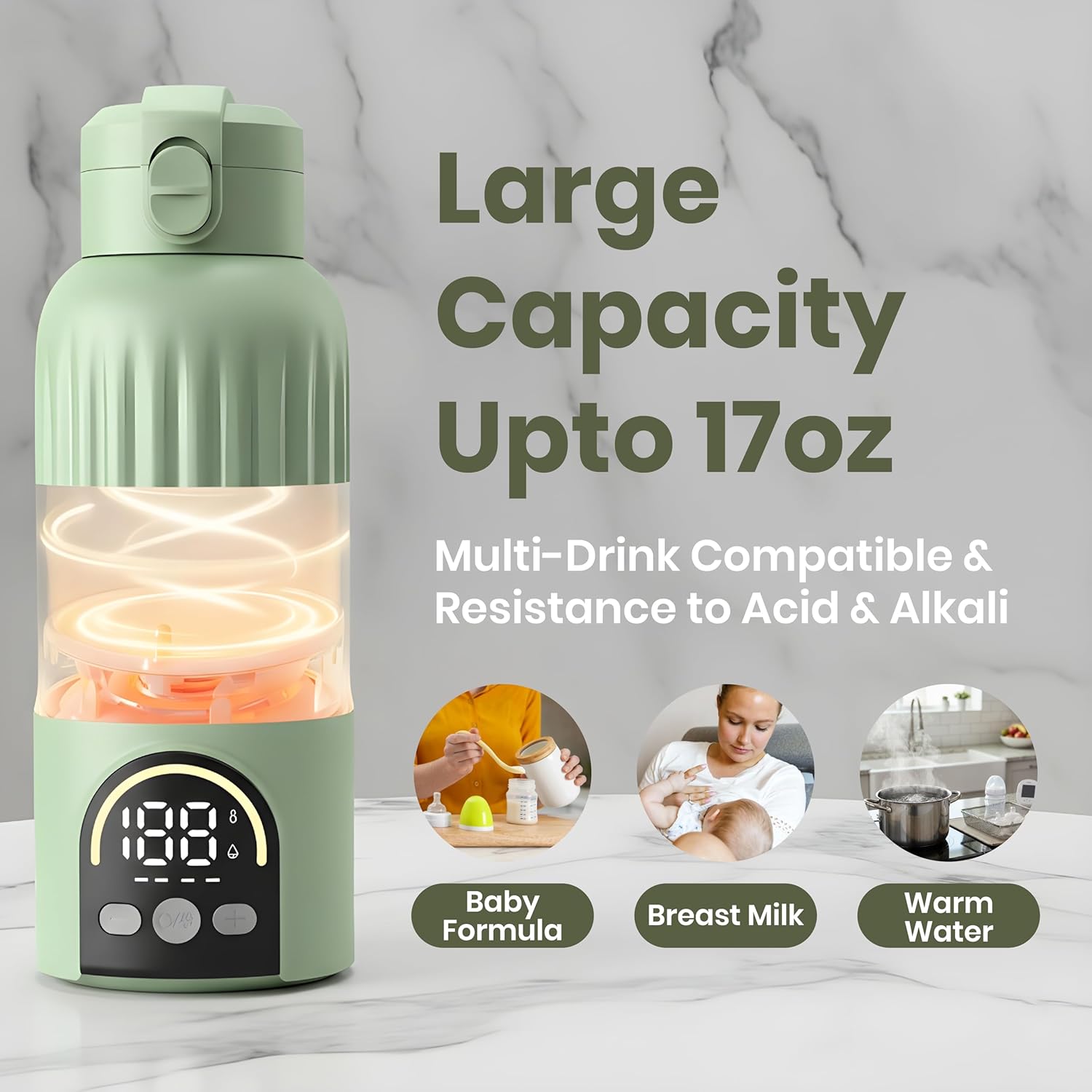 𝐏𝐫𝐞𝐦𝐢𝐮𝐦 Portable Milk Bottle Warmer 17 Oz – 140W Fast USB Heating | 316 Stainless Steel Baby Milk Warmer for Formula & Breastmilk | Temp Display, Long Insulation for Travel (Green)