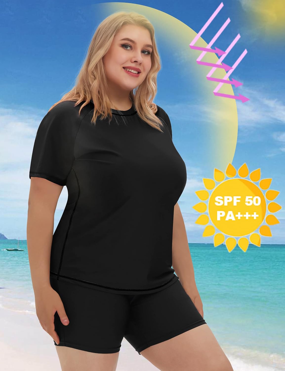 COOTRY Womens 2 Piece Plus Size Rash Guard Swimwear Short Sleeve Swimsuits Bathing Suit Swim Shirt and Shorts UPF 50+