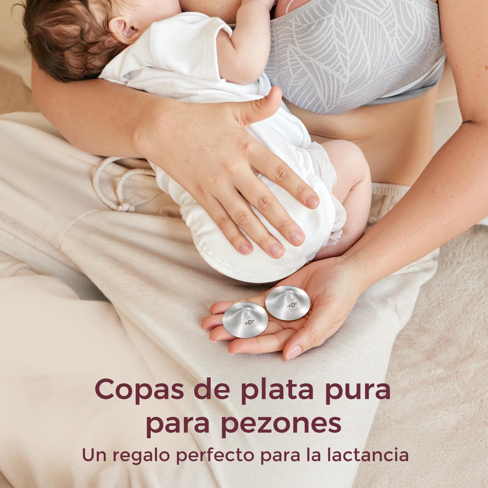 Momcozy Copas de plata para pezones, plata 999, protectores de pezones para lactancia, diseño perforado transpirable, borde curvado y bolsa de fieltro