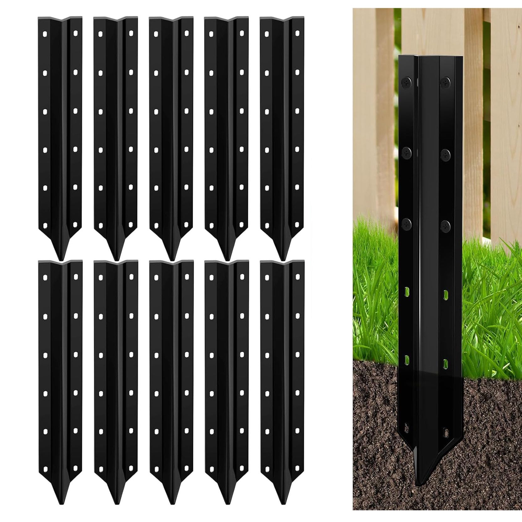 LQSYBHD 10 Pcs Fence Post Repair Stakes Robust Steel Support Kit Heavy Duty Fence Post Repair Stakes Fence Post Support for Tilted/Broken Wooden Fence Posts