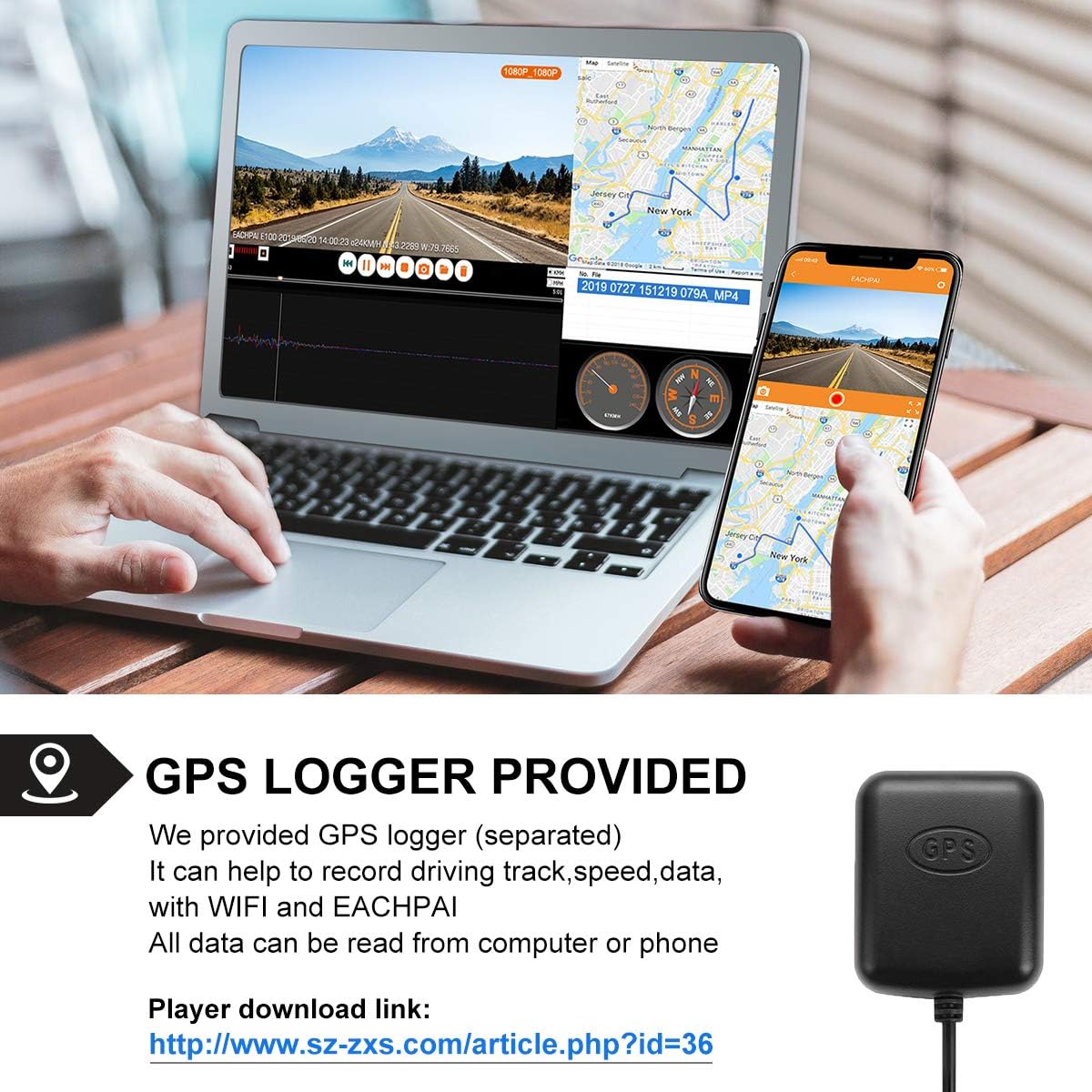 GPS logger provided with the dash camera, showing its data displayed on a laptop and smartphone