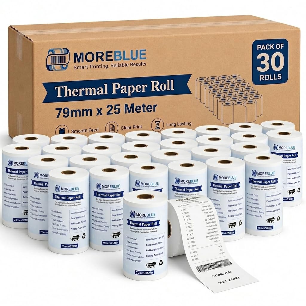 MOREBLUE® 3 Inch Thermal Printer Roll 79mm x 25 Meter (55 GSM) | Inkless Thermal Paper for POS Machines, Billing Machine, ATM & Receipt Printers Pack of 30