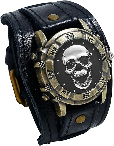Avaner Relojes vintage de cuero punk relojes retro de bronce con calavera de banda ancha de cuarzo para hombres