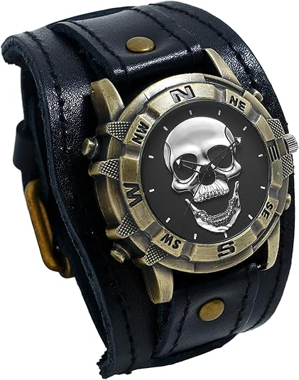 Avaner Vintage Punk Leather Watches: Retro Bronze Skull Wide Band Quartz Cuff Watches for Men