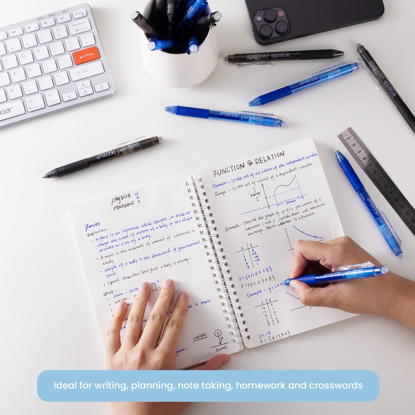 ParKoo Bolígrafos retráctiles de gel borrables con punta fina de 0,7 mm, sin necesidad de blanquear, 10 tintas negras y 10 azules para completar sudoku y crucigramas