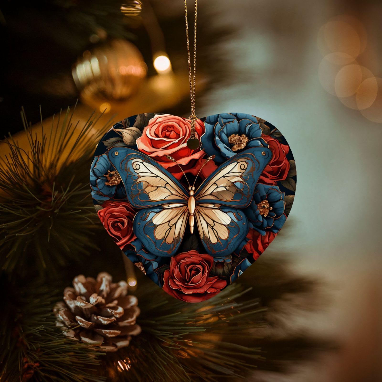 Christmas Tree Ornaments Ceramics Christmas Decorations Butterflies and Roses Ornaments with Gold Ribbon Porcelain Xmas Tree Crafts Heart Shape Hanging Pendant for Christmas Tree Party Decor
