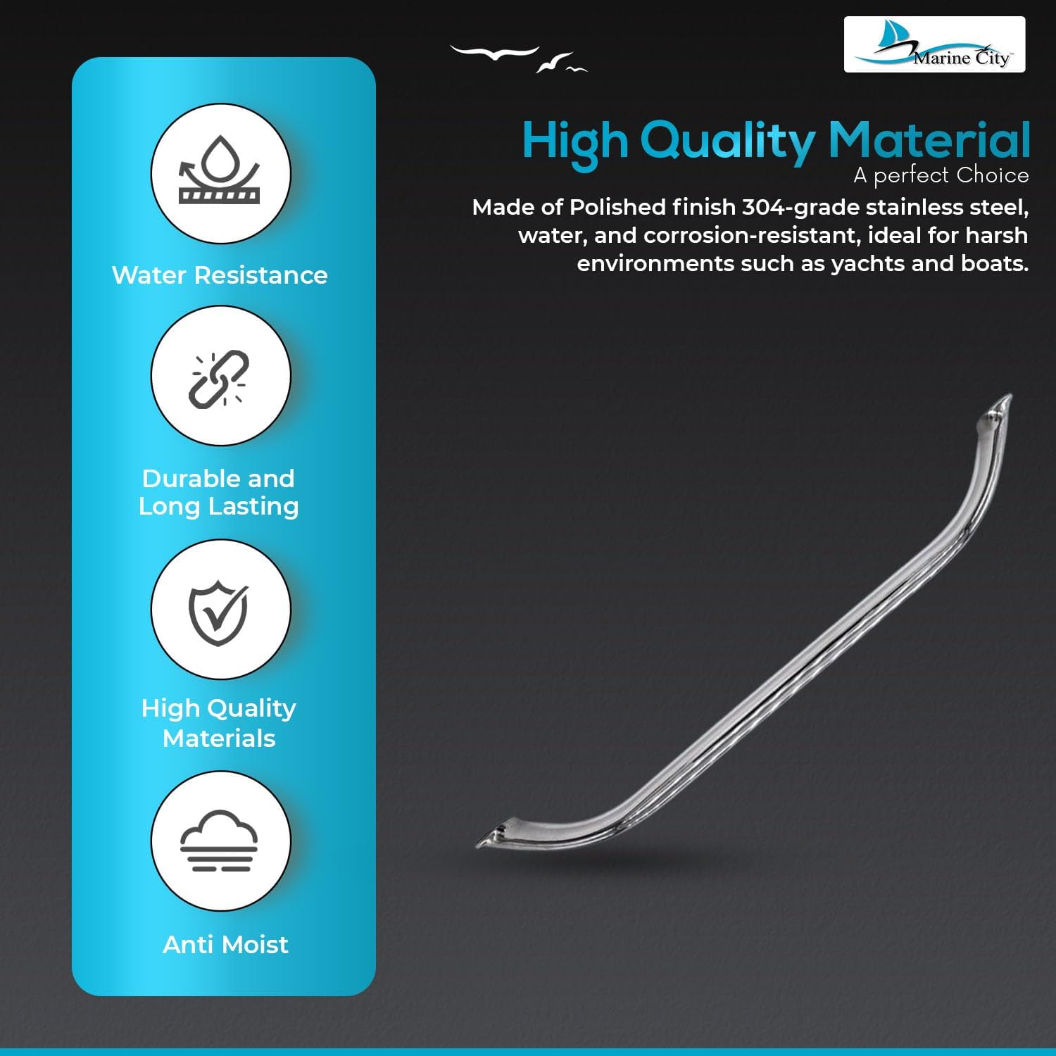 MARINE CITY Handrail Grab Rail Handle, 304 Stainless Steel with Double-End Studs, 12 Inches, Water & Corrosion-Resistant, Ideal for Marines, Boats, Yachts, Kayaks