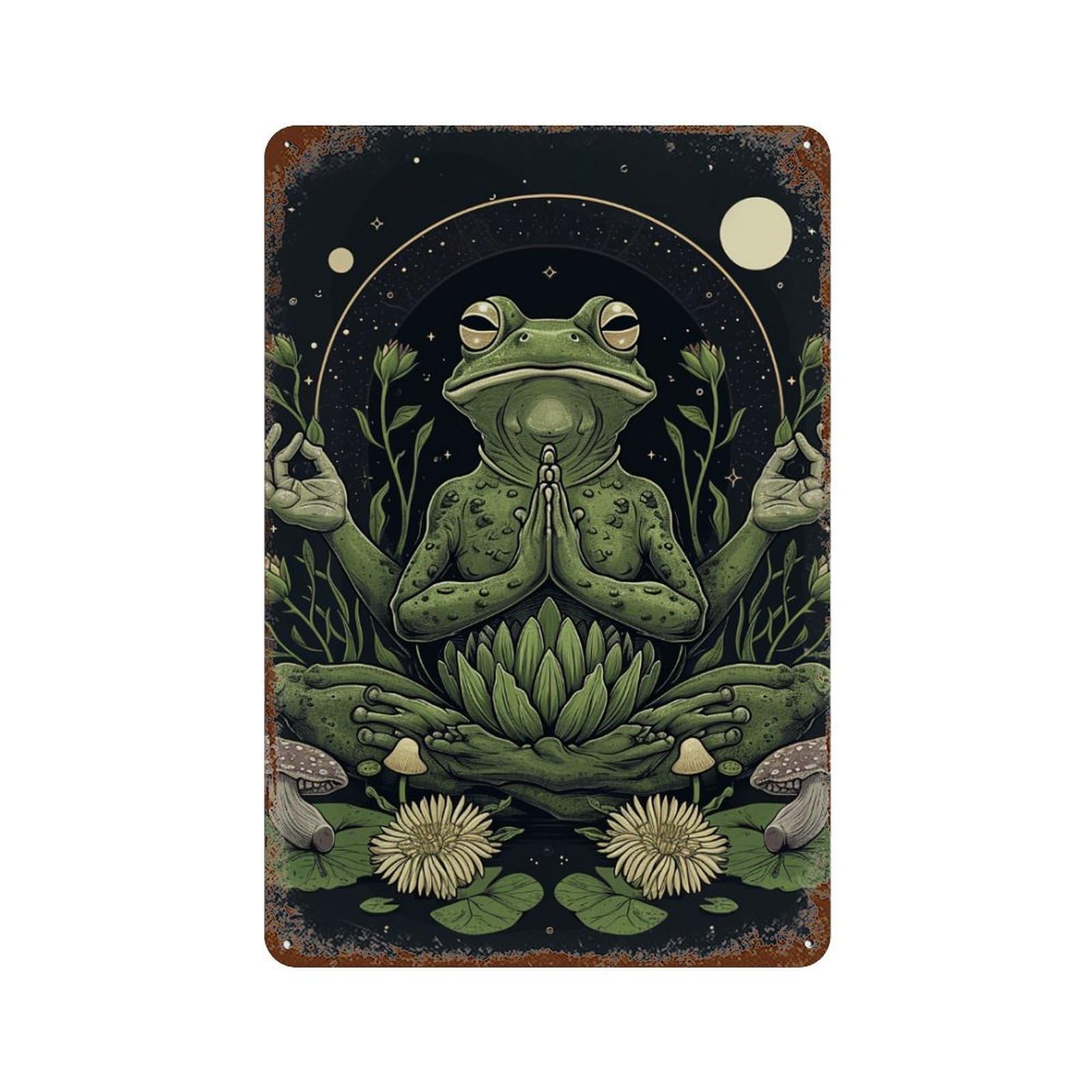 Garage Style Meditating Frog Art Print Rustic Tin Plaque 11.8"x7.9", Farmhouse Wall Decor for Bar And Workshop