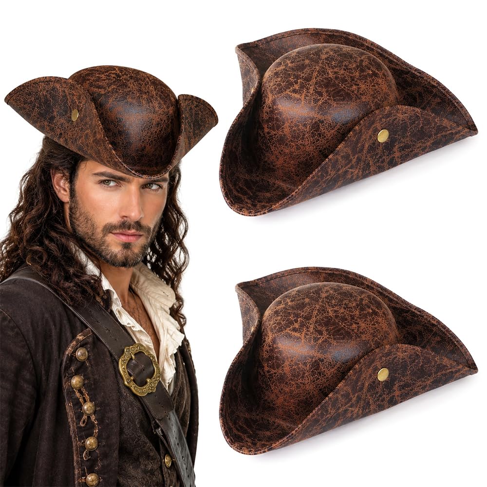 BYLUBON 2 Pack Pirate Tricorn Hats for Adults Vintage Fancy Dress Accessory