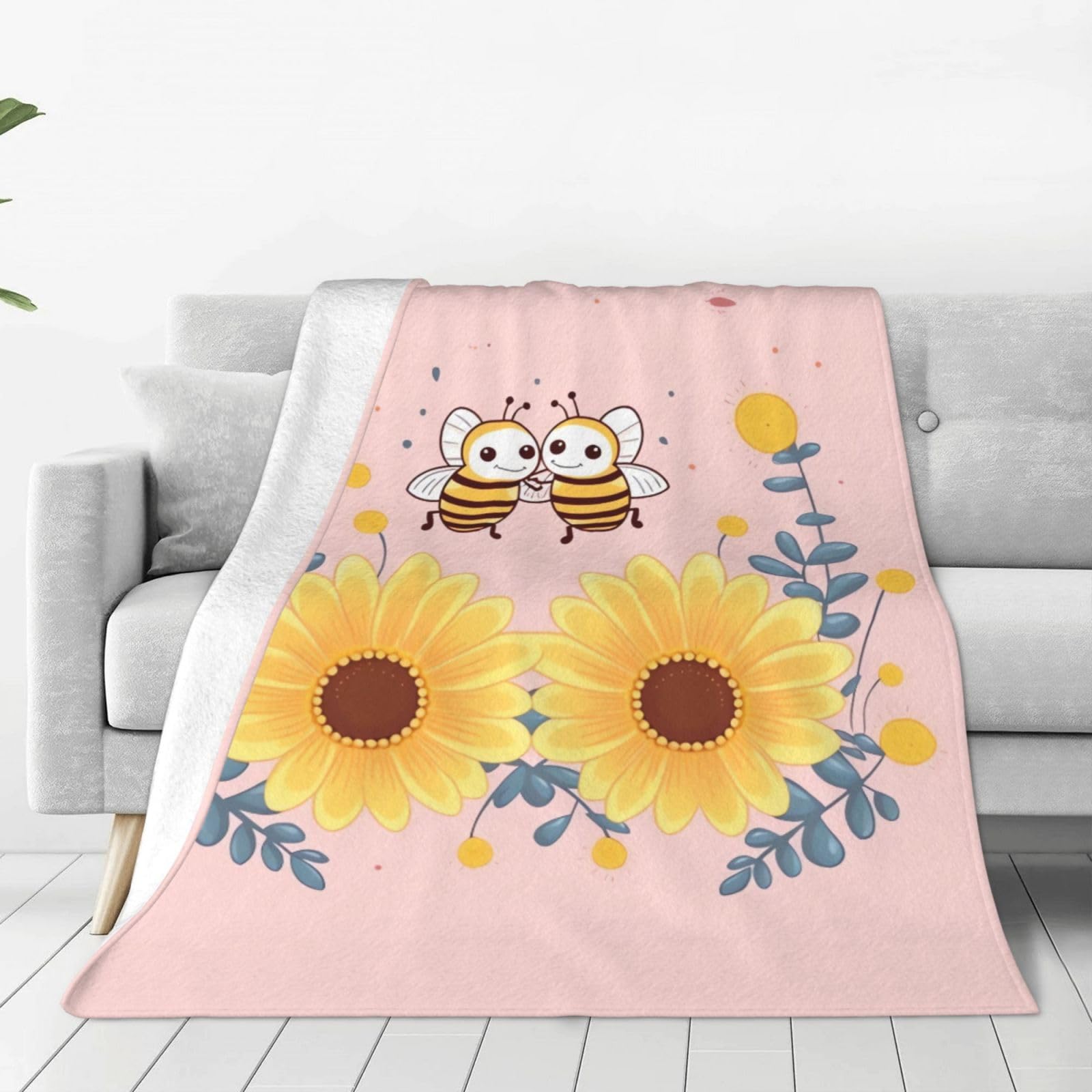 Cute Bees and Flowers Throw Blanket for Couch, Plush Fuzzy Soft Flannel Blankets and Throws for Sofa, 60"x50" Bed Blankets for Travel Camping Chair, All Season Warm Fleece Blanket