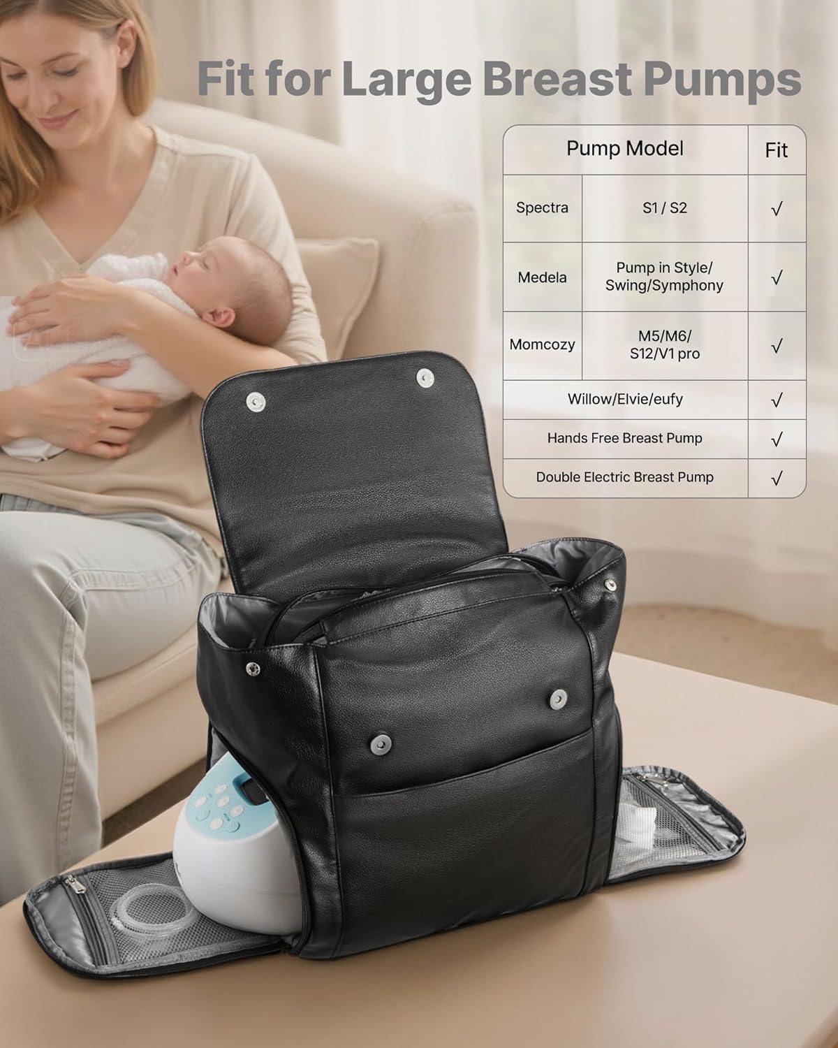 VEVOR Breast Pump Backpack, Breast Feeding Bag with Ice Pack, Fits for S1/S2, Pumping Accessories & Breastmilk Storage, Portable Pump Carrying Case for Work, Travel and Family Use, Black - Image 4