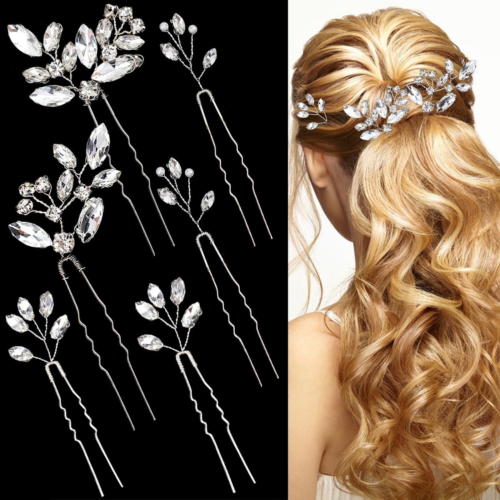 REDANHA 6 PCS Silver Bridal Hair Pins, Rhinestones Hair Accessories Crystal Wedding U-shape Hairpins Hair Jewelry for Bride Women Girls Bridesmaids