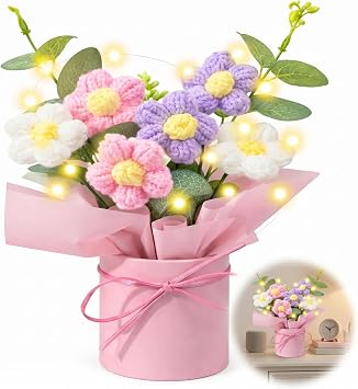 Knitted Flower Bouquet with LED Lights, 6 Pastel Flowers, 20 x 9 cm