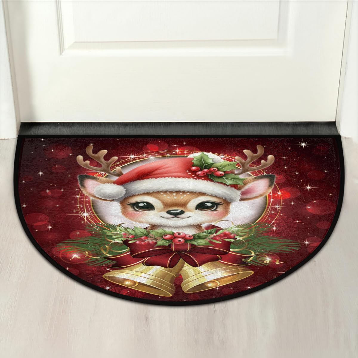 cfpolar Half Round Door Mat Christmas Bells Elk Holly Non-Slip Semi Circle Area Rug Washable Semi Circle Floor Rug for Indoor Outdoor Living Room Bathroom Kitchen Patio Hearth Rugs Home Decoration